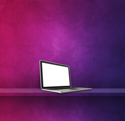 Laptop computer on purple shelf. Square background