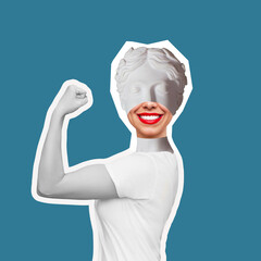 Strong smiling woman headed by antique statue with red lips raises arm and shows bicep on teal blue color background. Support women rights, feminism. Trendy collage in magazine style. Contemporary art - obrazy, fototapety, plakaty