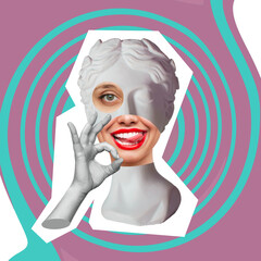 Antique smiling woman statue's head with red lips shows tongue and the ok gesture with hand on abstract color background. 3d trendy collage in magazine surreal style. Contemporary art. Modern design
