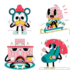 set of funny cartoon animals with umbrella in the hand and also wearing a scarf with illustrated background