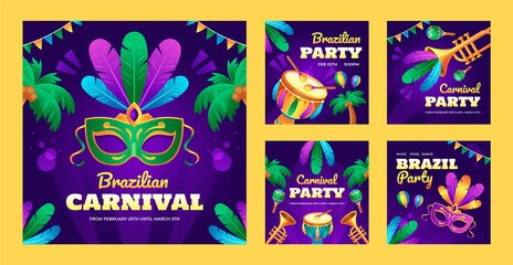 Fototapeta premium Carnival party invitation card with 5 different designs and looks with blue illustrated background 