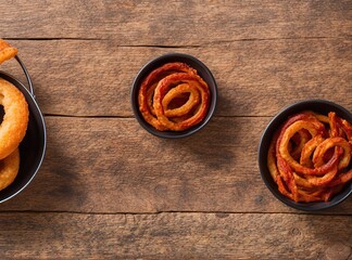 onion rings and ketchup on a table