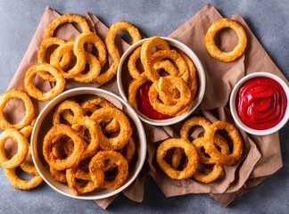 onion rings and ketchup on a table