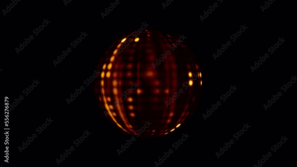 Poster abstract loop glow orange digital dots sphere ball rotation technology on black background.4k 3d iso