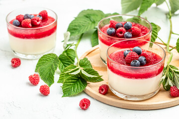 Raspberry Panna cotta with raspberry jelly on a light background. Berry dessert with cream sauce in small jars. place for text