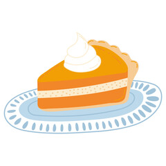 Piece of pumpkin pie on plate isolaed on white background, cozy autumn food, time for hygge