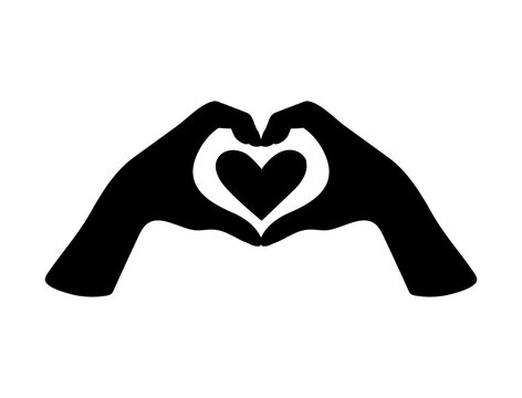 Two hands represent a heart gesture, a black silhouette isolated on a white background, a flat vector illustration.