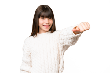 Little caucasian girl over isolated background giving a thumbs up gesture
