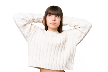 Little caucasian girl over isolated background frustrated and covering ears