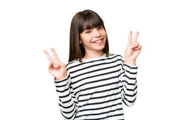 Little caucasian girl over isolated background showing victory sign with both hands
