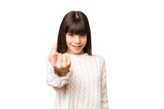 Little caucasian girl over isolated background doing coming gesture