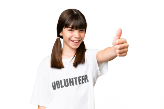 Little volunteer girl over isolated background giving a thumbs up gesture
