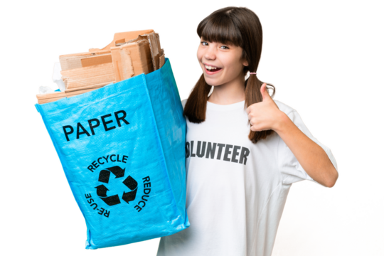 Little Caucasian girl holding a recycling bag full of paper to recycle over isolated background with thumbs up because something good has happened