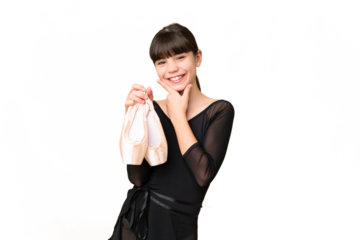 Little caucasian girl practicing ballet over isolated background happy and smiling