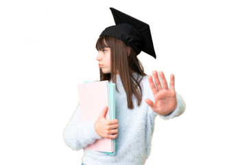Little caucasian student girl over isolated background making stop gesture and disappointed