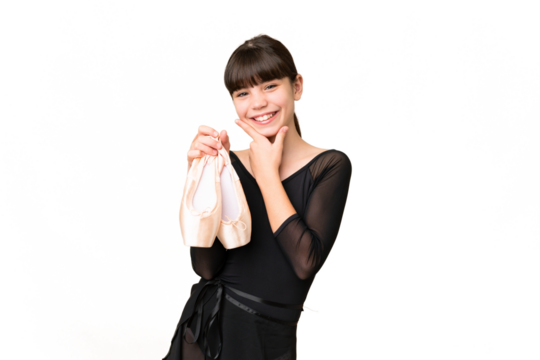 Little caucasian girl practicing ballet over isolated background happy and smiling