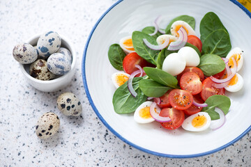 Plate with fresh spinach, red cherry tomatoes and quail eggs salad, horizontal shot on a light-grey granite background, middle close-up