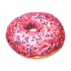 Watercolor sweet donuts with pink glazed topping and sprinkles