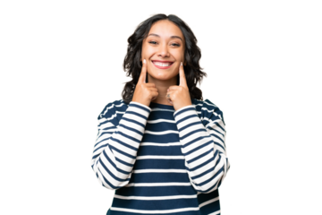 Young Argentinian woman over isolated background smiling with a happy and pleasant expression
