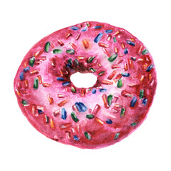 Watercolor sweet donuts with pink glazed topping and sprinkles