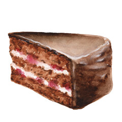 Watercolor piece of cake in chocolate icing