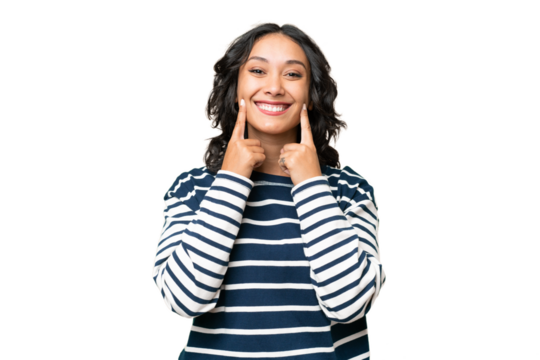 Young Argentinian woman over isolated background smiling with a happy and pleasant expression
