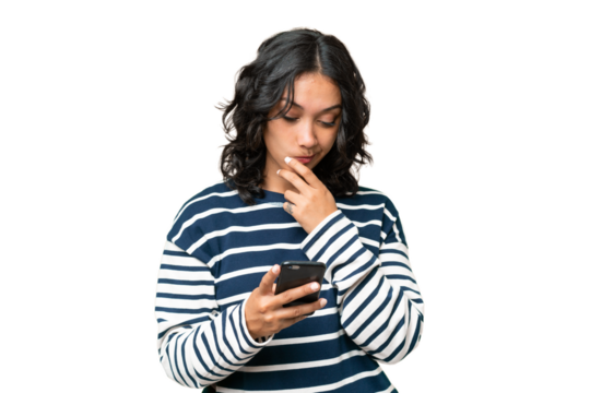 Young Argentinian woman over isolated background thinking and sending a message