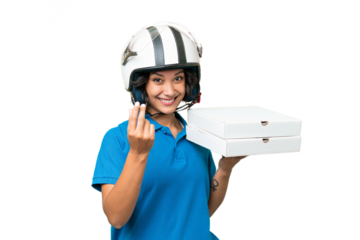 Pizza delivery Argentinian woman with work uniform picking up pizza boxes over isolated background inviting to come with hand. Happy that you came