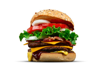 Homemade Double cheese bacon burger with lettuce, onion and tomato isolated on transparent...
