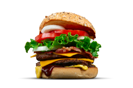 Homemade Double cheese bacon burger with lettuce, onion and tomato isolated on transparent background