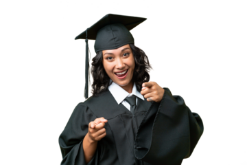 Young university graduate Argentinian woman over isolated background pointing to the front and smiling