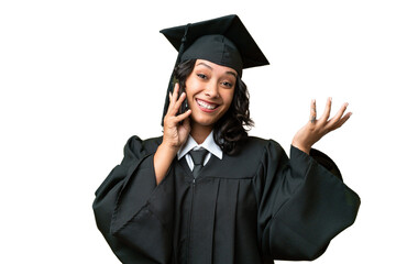 Young university graduate Argentinian woman over isolated background keeping a conversation with the mobile phone with someone