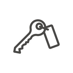 A key icon with a tag. A simple linear image of a key with notches. Isolated linear vector on a white background.