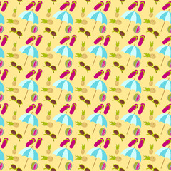 Summer beach seamless pattern with sun umbrella, sun glasses, pineapple and flip flops vector