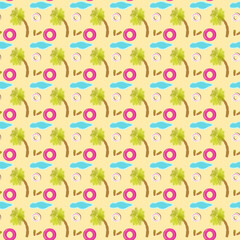 Summer beach seamless pattern with palm tree, flip flops, inflatable rings