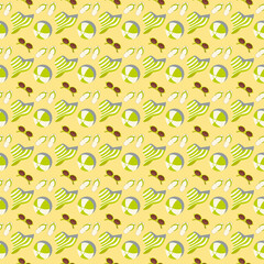 Summer beach seamless pattern with flip flops, sunglasses, beach ball and sun hat