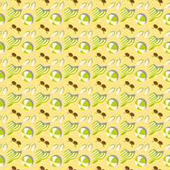 Summer beach seamless pattern with flip flops, sunglasses, beach ball and sun hat vector