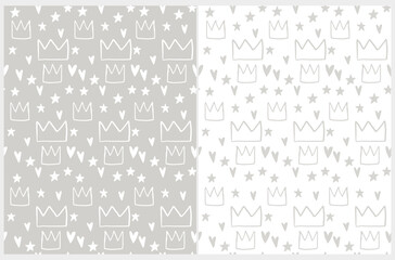 Abstract Doodle Seamless Vector Patter with Hand Drawn Hearts, Stars and Crown on a Light Gray and White Background. Color Neutral Baby Shower Print ideal for Fabric, Wrapping Paper, Textile.