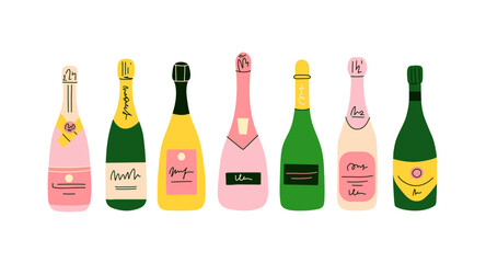 Champagne bottle set. Cartoon modern pink wine. Doodle drawing contemporary card or poster. Alcoholic drink for celebration new year, wedding and birthday. Festive party beverage. Vector isolated set