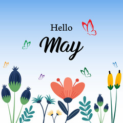 Hello may text with beautiful florals and butterflies