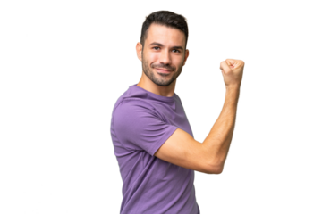 Young handsome caucasian man over isolated background doing strong gesture