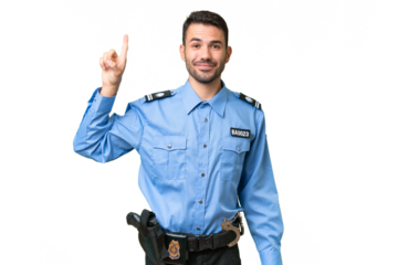 Young police caucasian man over isolated background pointing up a great idea