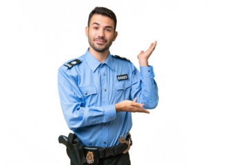 Young police caucasian man over isolated background extending hands to the side for inviting to come