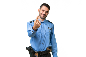Young police caucasian man over isolated background doing coming gesture
