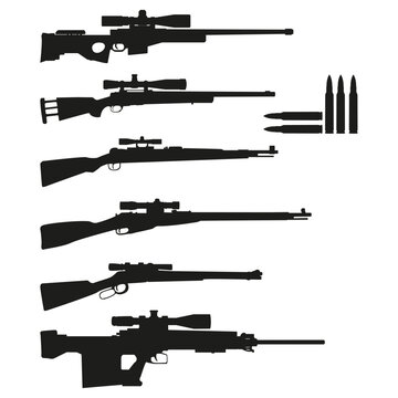 Sniper weapon black silhouette set flat vector illustration isolated on white background