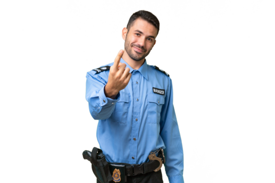 Young police caucasian man over isolated background doing coming gesture