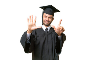 Young university graduate man over isolated background counting seven with fingers