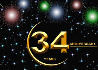 3d illustration,  34 anniversary. golden numbers on a festive background. poster or card for anniversary celebration, party