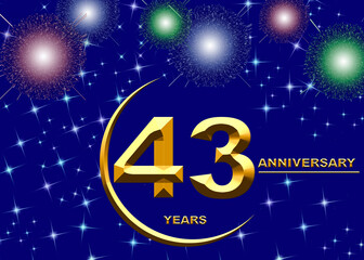 3d illustration, 43 anniversary. golden numbers on a festive background. poster or card for anniversary celebration, party
