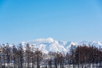 噴煙が吹き出す冬山の山頂　十勝岳
